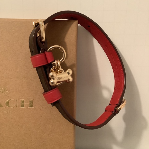COACH Brown Signature Red Leather Dog Collar Leash Set Sz Small 9.5” - 11” NWT - Picture 5 of 8